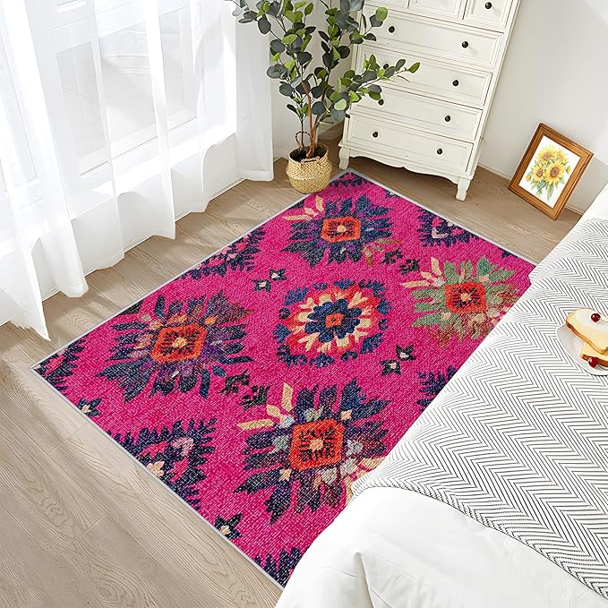 4x6 Rug Washable - Southwestern Rug for Bedroom, Ethnic Vintage Floral Medallion Non Slip Low Pile Area Rugs for Living Room Laundry, Southwestern Carpet Room Decor & Gifts