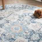 jinchan Kelda Round Rug 6ft Washable Area Rug Indoor Vintage Bedroom Floor Cover Distressed Circle Mat 6' Round Lightweight Non Slip Low Pile Thin Farmhouse Carpet for Living Room Dining Room Blue