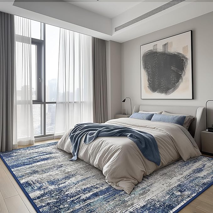 Bavni Rugs for Bedroom, Machine Washable Blue Rug Non-Slip, Foldable Modern 6x9 Area Rugs, Soft Low Pile Carpet for Living Room, Dining Room, Playroom, Blue/Ivory