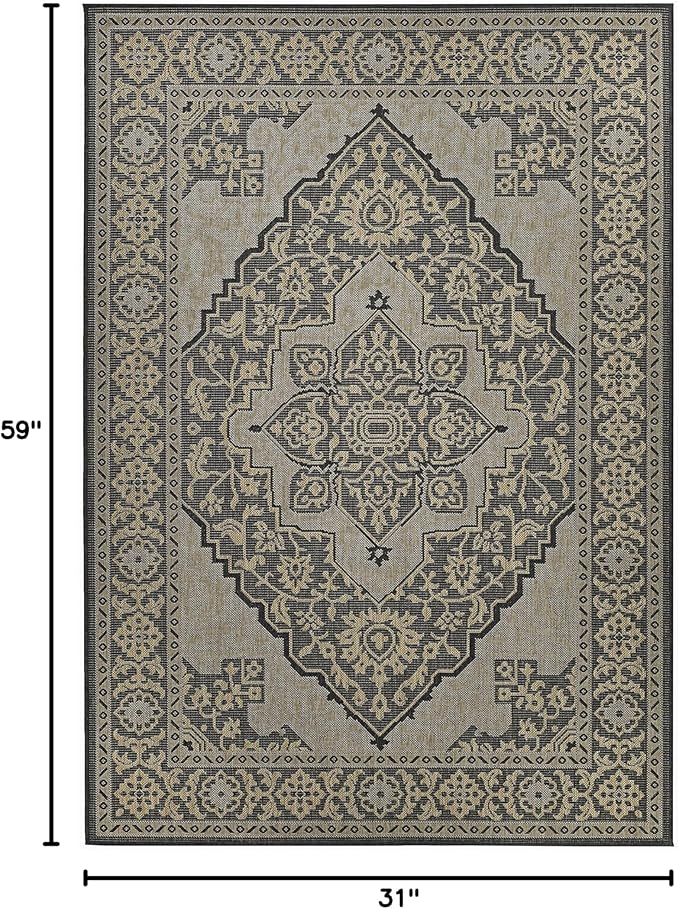 FH Home Flat Woven Outdoor Rug - Waterproof, Easy to Clean, Stain Resistant - Premium Polypropylene Yarn - Vintage - Porch, Deck, Balcony,Laundry Room - Ankara - Charcoal - 2ft 8in x 4 ft 11in