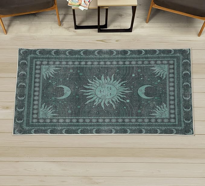 Ambesonne Sun and Moon Decorative Rug, Bohemian Artwork Design of Crescent Solar Ornament Esoteric Stars Ornaments, Quality Carpet for Bedroom Dorm and Living Room, 2' 2" x 3' 7", Grey Teal