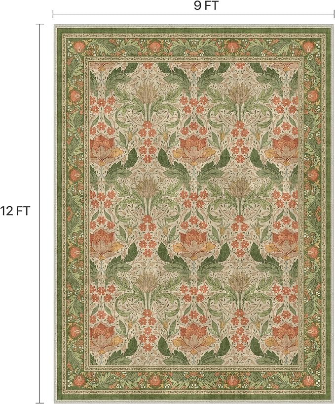 Bavni 9x12 Area Rugs, Floral Machine Washable Rugs for Living Room, Dinning Room, Bedroom, Non Slip Aesthetic Vintage Low Pile Durable Lightweight Farmhouse Rug, Sage Green & Burnt Orange