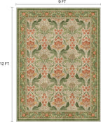 Bavni 9x12 Area Rugs, Floral Machine Washable Rugs for Living Room, Dinning Room, Bedroom, Non Slip Aesthetic Vintage Low Pile Durable Lightweight Farmhouse Rug, Sage Green & Burnt Orange