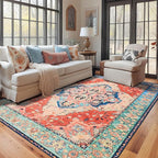 YJ.GWL Area Rugs for Living Room 4x6 Machine Washable Rugs for Bedroom, Non Slip Floral Vintage Rug Indoor Carpet, Stain Resistant Throw Rug for Dining Room Kitchen, Red Blue Gradient Color