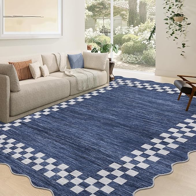 GarveeHome 10x13 Area Rug Large Living Room Scalloped Rug Non Slip Low Pile Bedroom Throw Carpet Soft Modern Bordered Dining Room Rug Stain Resistant Boho Carpet for Home Office, Blue