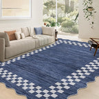 GarveeHome Scalloped Washable Rug 9x12 Area Rug for Living Room Modern Border Large Bedroom Throw Carpet with Rubber Backing Stain Resistant Boho Rug for Dining Room Home Decor Office, Blue