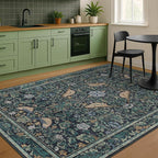 Moody Floral 6x9 Boho Living Room Rug - Washable Forest Bird Non-Slip & Low Pile Soft Carpet, Navy Blue & Deep Teal Area Rug for Dining Room Under Table, Bedroom