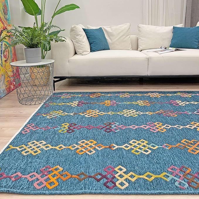Alfa Rich 3x5 Moroccan Blue Washable Area Rugs for Living Room Bedroom Kitchen Decor Cotton Runner