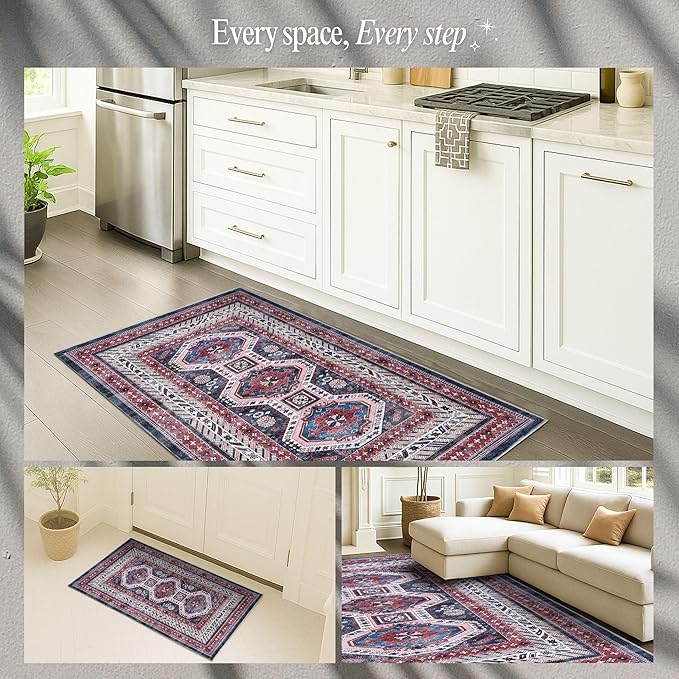 Fame Rugs Turkish Rug. Washable Vintage Oriental Antique Inspired Traditional Doormat Small Modern Area Rugs Luxury Entryway Entry Bedroom Bathroom Kitchen (400RN, 2'5 x 6'9)