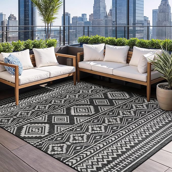 Beverly Rug Waikiki Boho Indoor Outdoor Rug 6x9, Washable Outside Carpet for Patio, Deck, Porch, Bohemian Area Rug, Farmhouse Rugs, Aztec Tribal Rug, Black and White