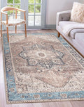 GLN Rugs Traditional Collection - Machine Washable Area Rug, Traditional Washable, Non Slip, Low Pile Chenille Rug, Living Room, Bedroom, Kitchen Rug (5' x 7' Brown/Blue)