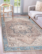 GLN Rugs Traditional Collection - Machine Washable Area Rug, Traditional Washable, Non Slip, Low Pile Chenille Rug, Living Room, Bedroom, Kitchen Rug (3' x 5' Brown/Blue)