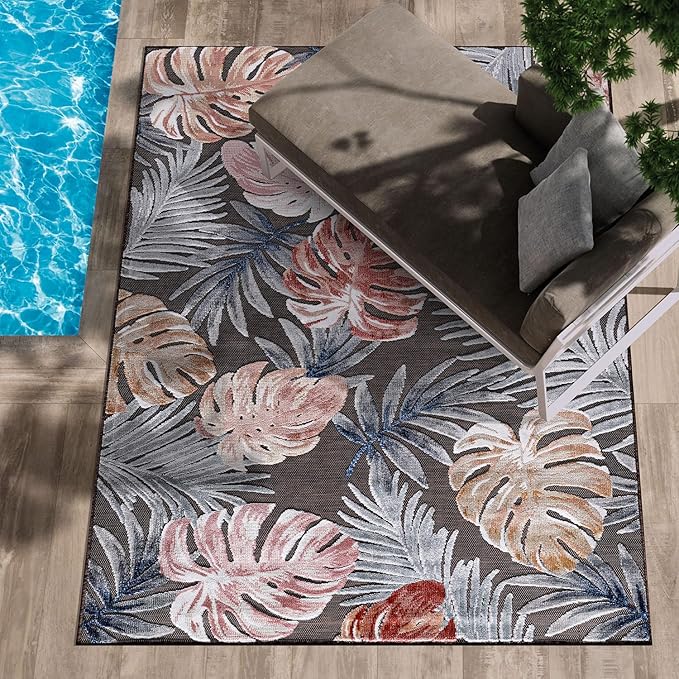 CAMILSON Indoor Outdoor Rug, Brown 10’x14’ Leaf Tropical Botanical Area Rugs for Indoor and Outdoor patios, Easy-Cleaning Non-Shedding Living Room, Garden and Kitchen Washable Outside Carpet (10x14)