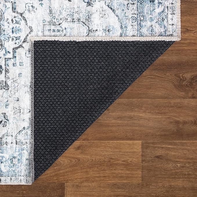 Bloom Rugs Caria Washable Non-Slip 10 ft Runner - Ivory/Blue/Gray Traditional Runner for Entryway, Hallway, Bathroom, and Kitchen - Exact Size: 2'6" x 10'
