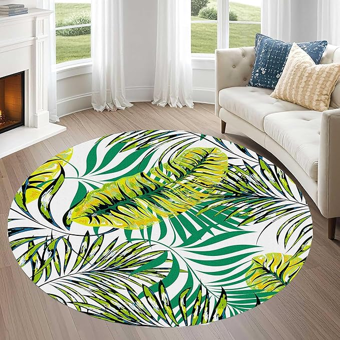 Tropical Round Rug 3.3ft, Watercolor Palm Leaves Pattern Low Pile Circle Carpet, Non-Slip Washable & Non-Shedding Indoor Mat for Bedroom, Entrance, Office Decor