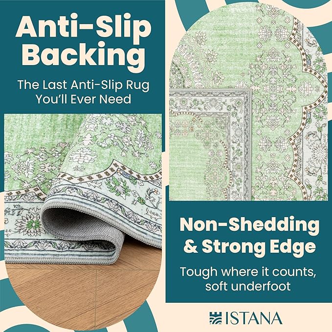 Istana 2x3 Area Rug - Green Boho Rugs for Living Room 2x3 - Foldable Small Rugs for Bedroom - Stain Resistant Washable Rug Non Slip - Eco-Friendly Area Rugs Indoor