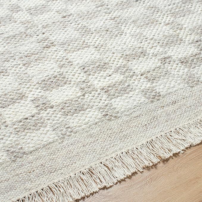 Mark&Day Wool Rugs, 9x12 Clinten Solid and Border Light Gray Checkered Rug, Grey Ivory Carpet for Living Room, Bedroom or Kitchen (8'10" x 12')