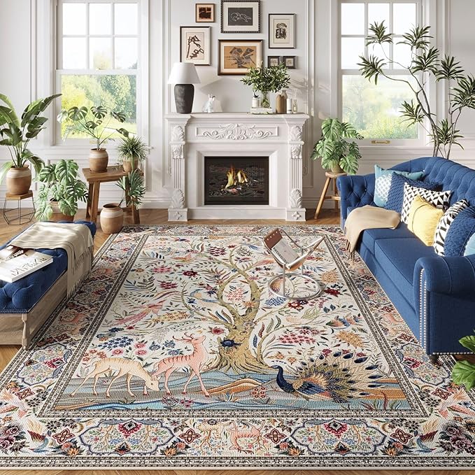 Rugcomf Area Rugs 5x7 Vibrant Tree of Life-Patterned Vintage Washable Area Rug Non Slip Low Pile Large Rugs for Living Room Bedroom Farmhouse Dining Room Kids Playroom, Beige