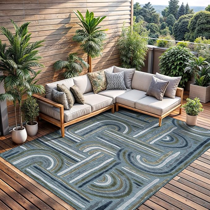 CAMILSON Indoor Outdoor Rug, Aqua 6x9 Geometric Arch Striped Area Rugs for Patio and Home Areas, Easy-Cleaning Non-Shedding Living Room, Garden and Deck Washable Outside Carpet (6 x 9)