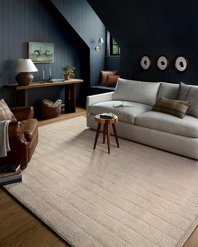 Loloi Chris Loves Julia Calvin Collection CLV-02 Ivory/Oatmeal 5'-3" x 7'-6" Area Rug Checkered Neutral Soft Living Room Bedroom Carpet