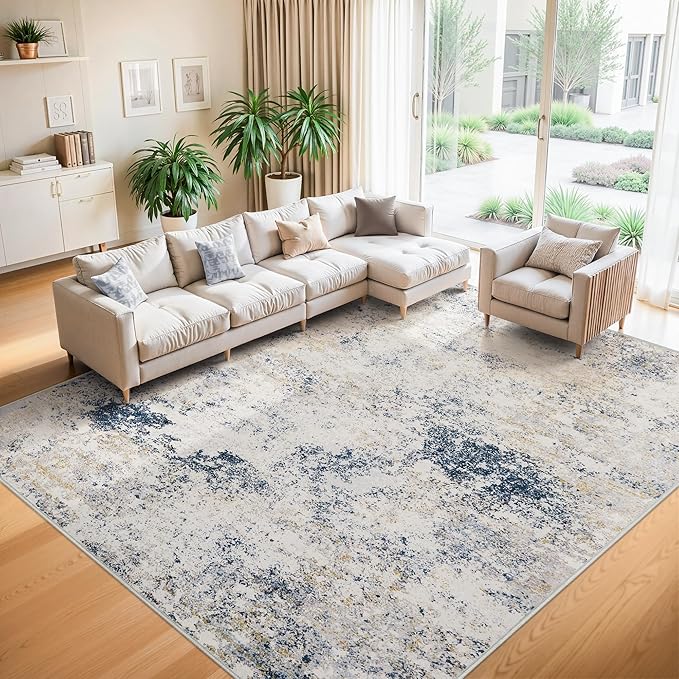 7x9 Washable Area Rugs - Modern Abstract Rugs for Living Room Non-Slip Low Pile Soft Machine Washable Carpet for Bedroom, Dining Room, Nursery, Home Office, Farmhouse (7'x9' Beige Blue)