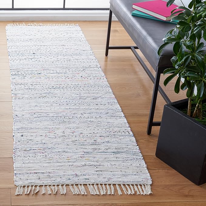 SAFAVIEH Rag Rug Collection Runner Rug - 2'3" x 12', Ivory & Multi, Handmade Boho Stripe Cotton, Ideal for High Traffic Areas in Living Room, Bedroom (RAR121G)