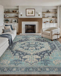 GENIMO 8X10 Area Rugs for Living Room, Machine Washable Vintage Floor Cover Foldable Modern Non Slip Rug, Low Pile Soft Indoor Carpet Floral Print Mat Rug,Bedroom/Dining Room/Home Office,Teal