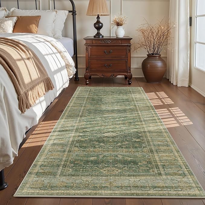 2x6 Runner Rug for Hallways Vintage Distressed Non Slip Long Carpet Floral Boho Distress Print Pattern Mat Lightweight Retro Accent Throw Carpet for Kitchen Bedroom Bedside Laundry Room-Green