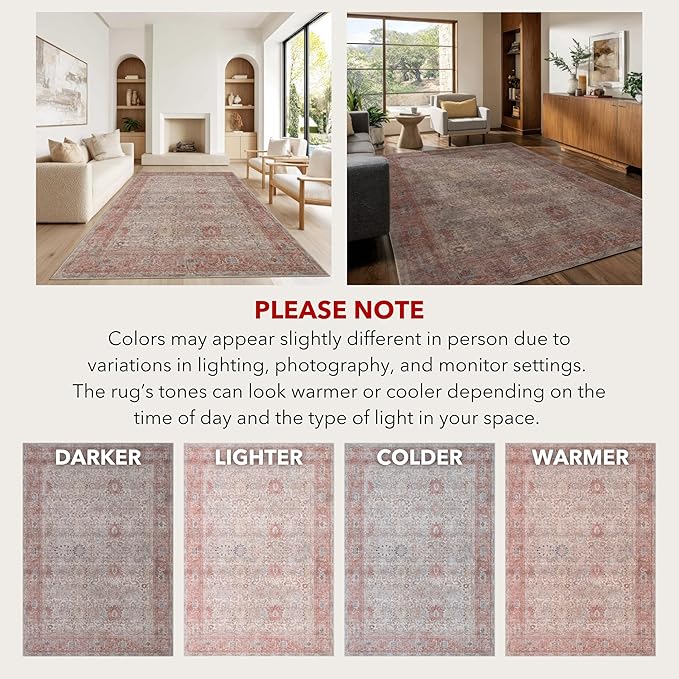 Kuden 2'6"x7' Runner Rug, Machine Washable Area Rug with Non-Slip Backing, Vintage Style, Soft, Easy Clean, Low Pile Rug for Hallway, Entryway, Kitchen, Bedroom