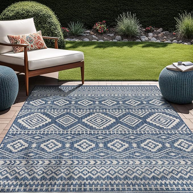 Beverly Rug Waikiki Boho Indoor Outdoor Rug 10x14, Washable Outside Carpet for Patio, Deck, Porch, Bohemian Area Rug, Farmhouse Rugs, Aztec Tribal Rug, Azure and White