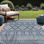 Beverly Rug Waikiki Boho Indoor Outdoor Rug 5x7, Washable Outside Carpet for Patio, Deck, Porch, Bohemian Area Rug, Farmhouse Rugs, Aztec Tribal Rug, Azure and White