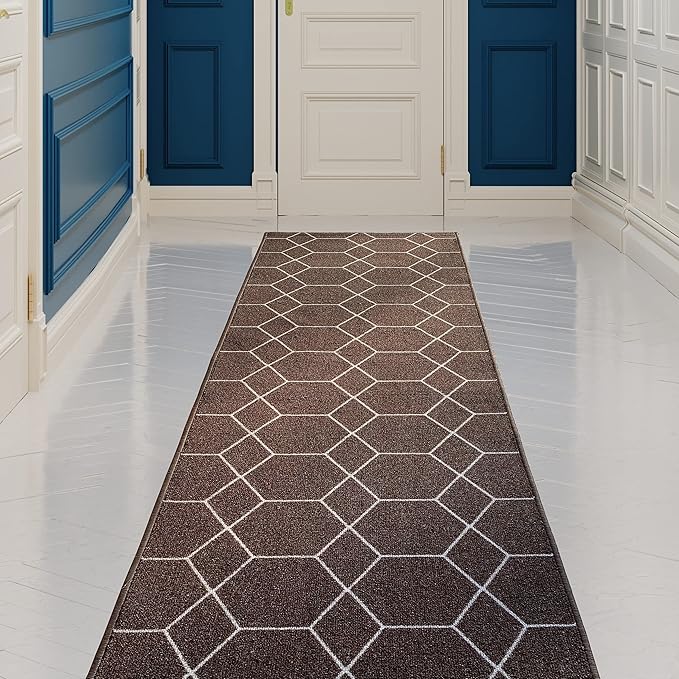 Custom Made Runner Rug for Kitchen Foyer Hallway Entry Choose Your Length Size 26 Inch Wide Geometric Lattice Design Brown Color (21 feet x 26 inch)