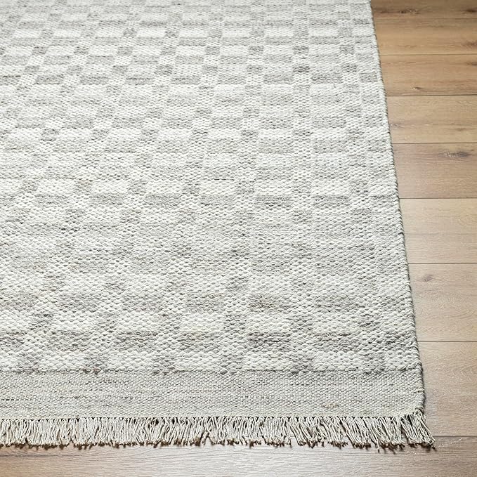 Mark&Day Wool Rugs, 8x10 Clinten Solid and Border Light Gray Checkered Rug, Grey Ivory Carpet for Living Room, Bedroom or Kitchen (8' x 10')