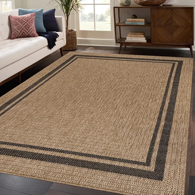 Beverly Rug Easy Jute Bordered Rug 6x9 Washable Durable Indoor Outdoor Area Rugs for Living Dining Room Patio Office Stain Resistant Non Shedding Casual Indoor Outside Carpet 6 x 9 Natural