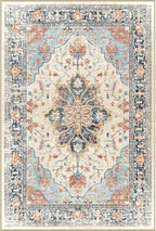 Area Rugs Square 10ft Washable Non-Slip, Floral Vintage Distress Print Pattern Medallion Carpet for Living Room Bedroom Dining Room, Beige Navy Blue Orange Colorful