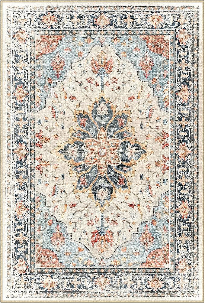 Area Rugs 2'6''x12' Washable Non-Slip, Floral Vintage Distress Print Pattern Medallion Carpet for Living Room Bedroom Dining Room, Beige Navy Blue Orange Colorful