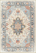 Area Rugs 4'x5' Washable Non-Slip, Floral Vintage Distress Print Pattern Medallion Carpet for Living Room Bedroom Dining Room, Beige Navy Blue Orange Colorful