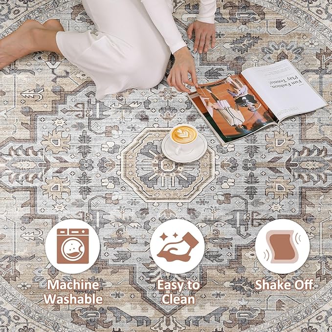 Round Rug Living Room Rugs: 5Ft Washable Boho Neutral Large Circle Soft Indoor Distressed Stain Resistant Floor Farmhouse Carpet for Bedroom Nursery Kids Playroom Office Dining Room Dorm- Cream Gray