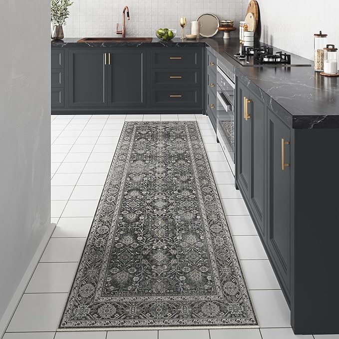 Black Runner Rug 3x7 Vintage Area Carpet Hallway Long Indoor Kitchen Washable Living Room Low Pile Traditional Distressed Retro Accent Throw Rug Non Slip Laundry Bathroom Office Dining Room