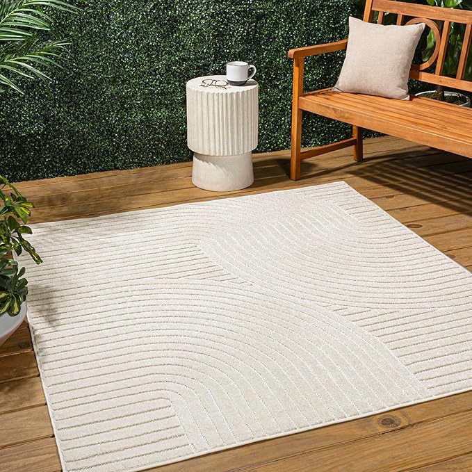 JONATHAN Y Hallie High-Low Curve Ivory/Cream 7x7 Square Indoor/Outdoor Area Rug, Minimalist, Pet Friendly, Non-Shedding, Stain Resistant, Hose-Washable for Backyard, Patio, Porch (SCN100B-7SQ)
