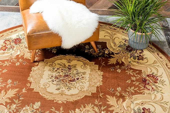 Rugs.com Chateau Collection Rug – 6 Ft Round Brick Red Medium Rug Perfect for Kitchens, Dining Rooms