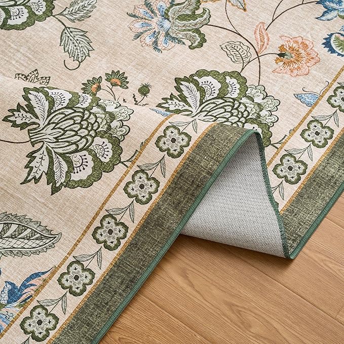 jinchan Elora 3x8 Floral Runner Rug for Hallway Washable Kitchen Runner Vintage Romance Design Non Slip Thin Indoor Floor Cover Low-Profile Throw Carpet for Entryway Bathroom Bedroom, Green/Beige