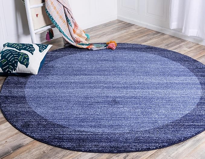 Rugs.com Angelica Collection Rug – 8 Ft Round Navy Blue Medium Rug Perfect for Kitchens, Dining Rooms