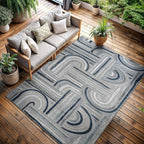 CAMILSON Indoor Outdoor Rug, Blue 8x10 Geometric Arch Striped Area Rugs for Patio and Home Areas, Easy-Cleaning Non-Shedding Living Room, Garden and Deck Washable Outside Carpet (8 x 10)