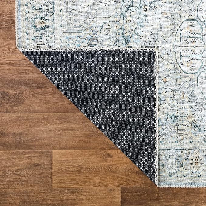 Bloom Rugs Washable Non-Slip 12 ft Runner - Cream/Light Blue/Teal Traditional Medallion Runner for Entryway, Hallway, Bathroom, and Kitchen - Exact Size: 2.5' x 12'