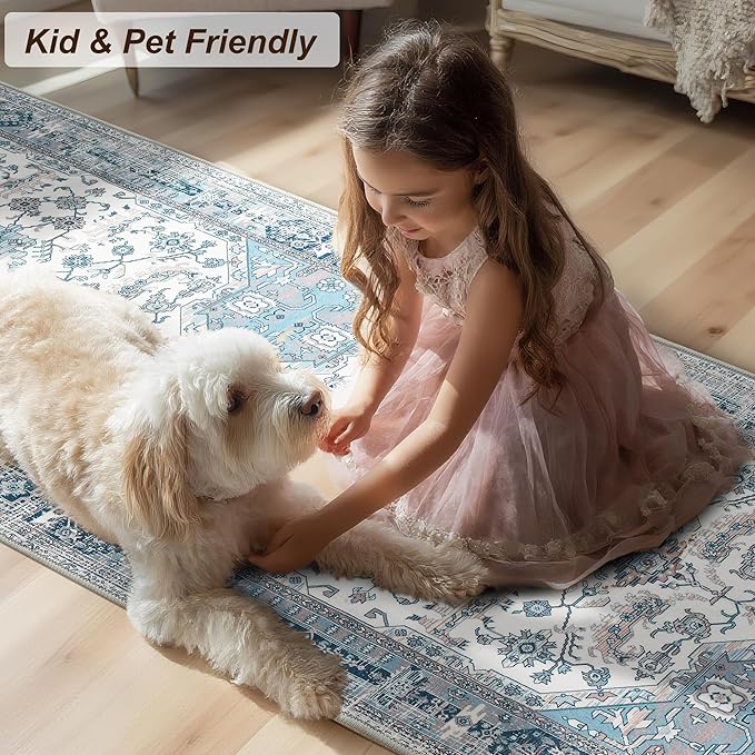 XWZO Runner Rug 2x6ft, Washable Hallway Runner with Non-Slip Backing, Vintage Spill Stain Resistant Floor Mat for Entryway Corridor Bedroom Kitchen, Soft Low-Pile Area Carpet, Blue
