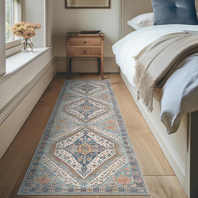 Bavni Kitchen Rug 2x5 Runner Rugs for Hallways Entryway, Washable Vintage Print Carpet, Ultra-Thin Chenille Low Pile Lightweight Rug with Non Slip Backing, Blue/Orange