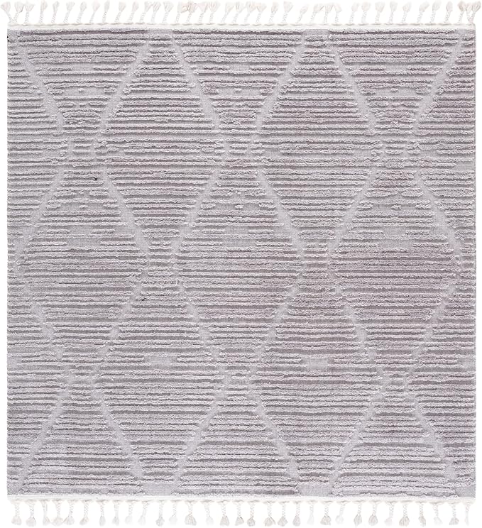 SAFAVIEH Marrakech Collection Area Rug - 8' Square, Grey, Moroccan Boho Tribal Tassel Design, Ideal for High Traffic Areas in Living Room, Bedroom, Dining (MRK517F-8SQ)