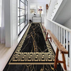 Black Gold Marble Texture Entryway Carpet, 2.6x7ft, Greek Key Geometric Design Bedroom Rug, Abstract Gold Crack Breathable Floor Rugs, No Crease Washable Carpets for Front Door