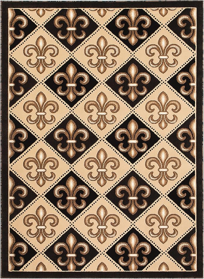 Allstar 8x10 Black Modern Rectangular Accent Rug with Ivory and Mocha Floral Fleur De Lis Diamond Design (8' x 10')